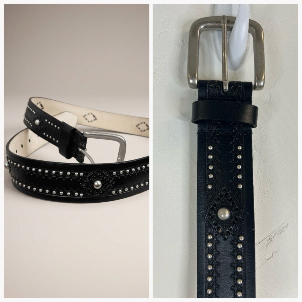 Leather Studded Western Black Belt Size XL Embossed Silver Buckle Cowgirl Biker